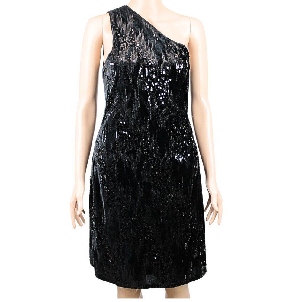 NWT Black Velvet & Sequin Cocktail Dress Single Strap Knee Length Bare Shoulder